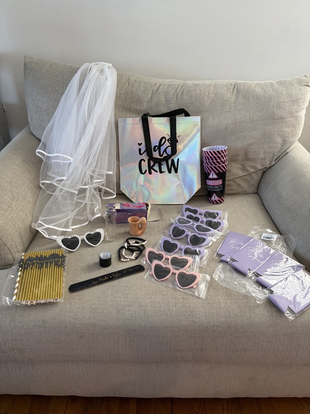 Bride Crew Holographic Tote & White Veil Bridal Accessory Set